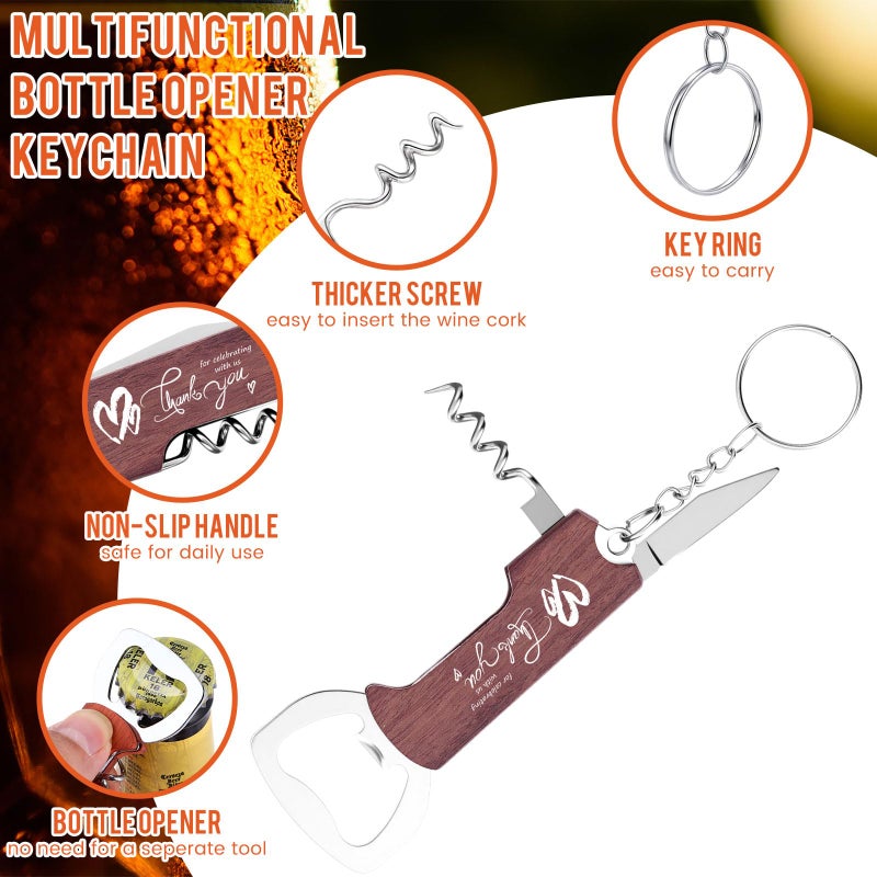 Vesici 24 Set Wedding Favors for Guests Bottle Openers Keychains Bulk Wine Beer Bottle Opener Keychain Thank You Cards with Organza Gift Bags for Bar Party Wedding Graduation Souvenirs (Redwood Color) - Image 3