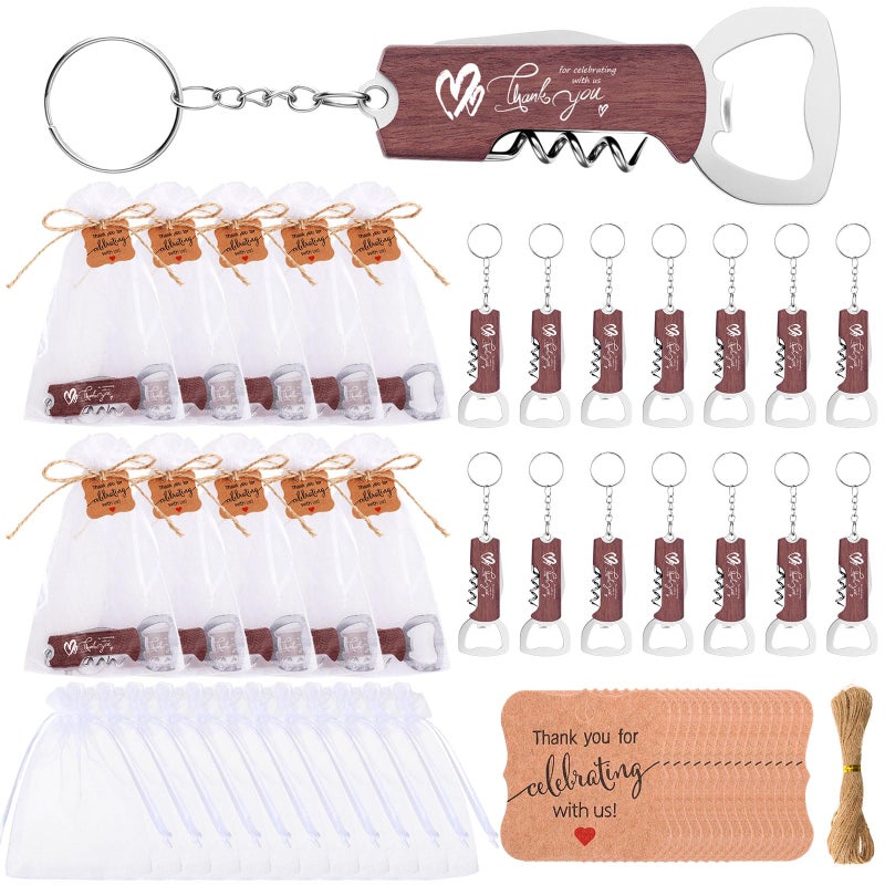 Vesici 24 Set Wedding Favors for Guests Bottle Openers Keychains Bulk Wine Beer Bottle Opener Keychain Thank You Cards with Organza Gift Bags for Bar Party Wedding Graduation Souvenirs (Redwood Color) - Image 1