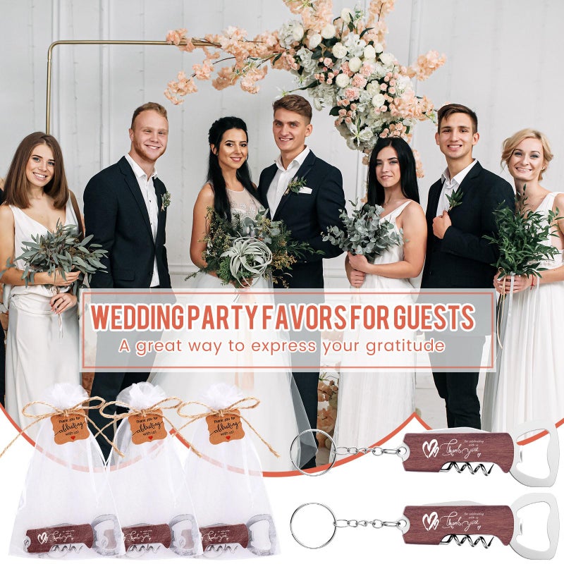 Vesici 24 Set Wedding Favors for Guests Bottle Openers Keychains Bulk Wine Beer Bottle Opener Keychain Thank You Cards with Organza Gift Bags for Bar Party Wedding Graduation Souvenirs (Redwood Color) - Image 5