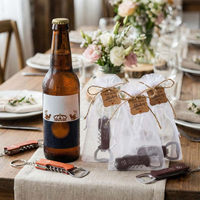 Vesici 24 Set Wedding Favors for Guests Bottle Openers Keychains Bulk Wine Beer Bottle Opener Keychain Thank You Cards with Organza Gift Bags for Bar Party Wedding Graduation Souvenirs (Redwood Color) - Image 4