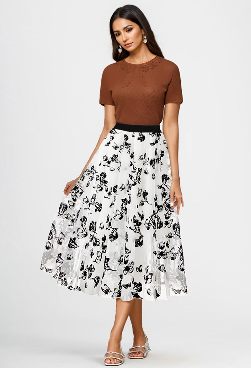 Reaowazo Skirts for Women Midi Long Length Dressy Casual Trendy Summer Tulle A-Line Floral High Waist Skirt White S-M - Image 2