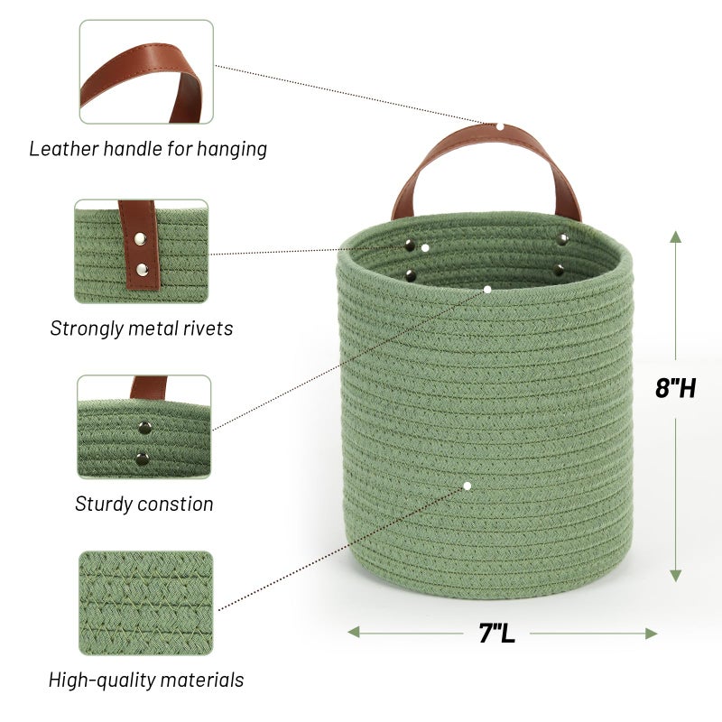 DULLEMELO Hanging Basket with Handle  Set of 2 Small Rope Hanging Wall Baskets for Decor  7 X 8 Inches Woven Fern Hanging Storage Basket for Organizing (Green) - Image 2