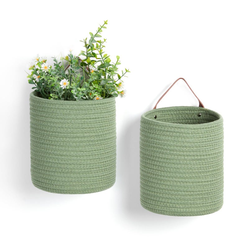 DULLEMELO Hanging Basket with Handle  Set of 2 Small Rope Hanging Wall Baskets for Decor  7 X 8 Inches Woven Fern Hanging Storage Basket for Organizing (Green) - Image 1