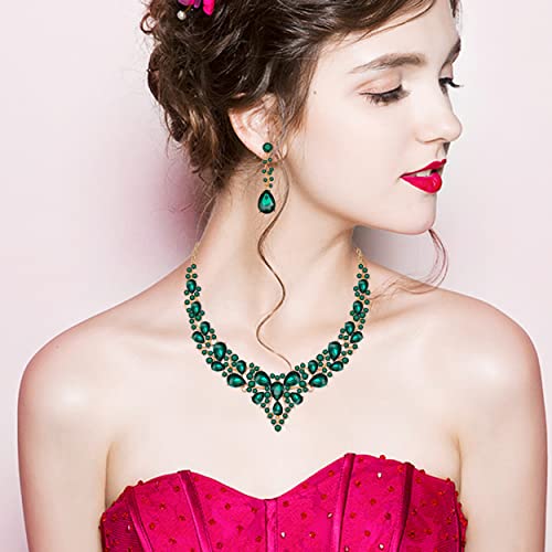 CSY 4 Pcs/Set Austrian Crystal Necklace Earrings Bracelet Ring Bridal Jewelry Sets for Brides Wedding Party Costume Accessories Gifts for Women (02-gold plated-green) - Image 2