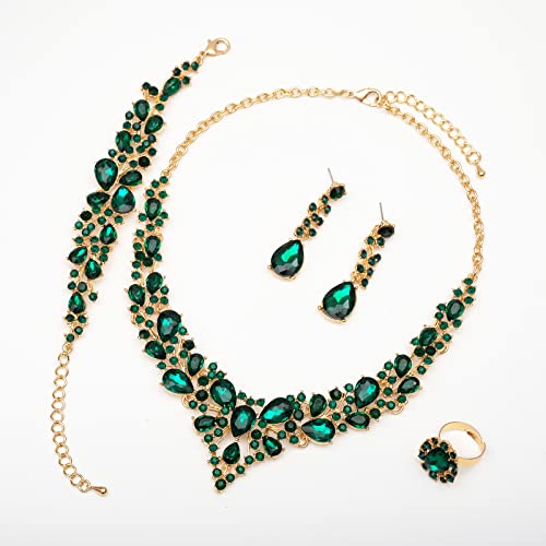 CSY 4 Pcs/Set Austrian Crystal Necklace Earrings Bracelet Ring Bridal Jewelry Sets for Brides Wedding Party Costume Accessories Gifts for Women (02-gold plated-green) - Image 3
