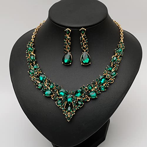 CSY 4 Pcs/Set Austrian Crystal Necklace Earrings Bracelet Ring Bridal Jewelry Sets for Brides Wedding Party Costume Accessories Gifts for Women (02-gold plated-green) - Image 4