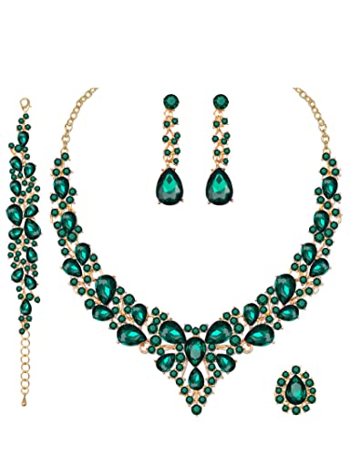 CSY 4 Pcs/Set Austrian Crystal Necklace Earrings Bracelet Ring Bridal Jewelry Sets for Brides Wedding Party Costume Accessories Gifts for Women (02-gold plated-green) - Image 1