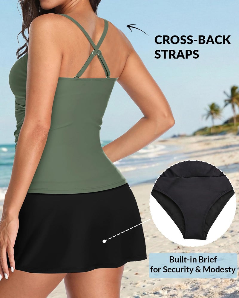 Talisea Womens Tankini Bathing Suits with Skirt Two Piece Tummy Control Swimsuits Ladies Swimwear Army Green M - Image 4