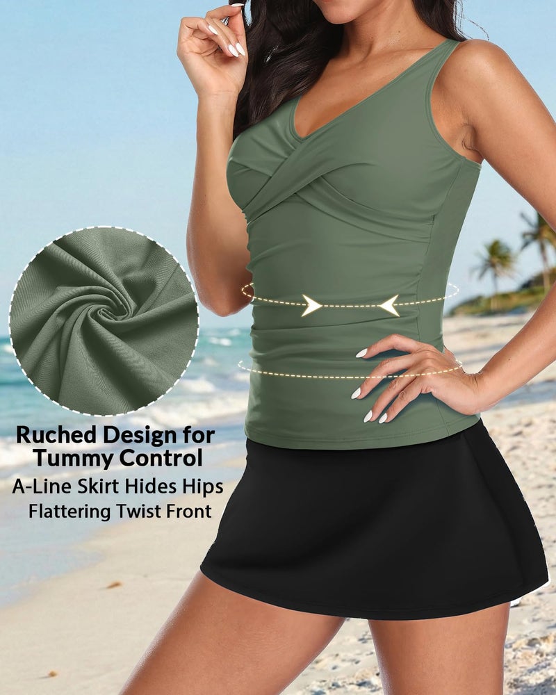 Talisea Womens Tankini Bathing Suits with Skirt Two Piece Tummy Control Swimsuits Ladies Swimwear Army Green M - Image 3
