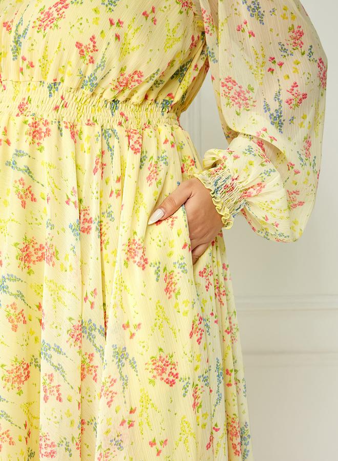 Miss Chase Plus Size Yellow Floral Print Maxi Dress - Image 1