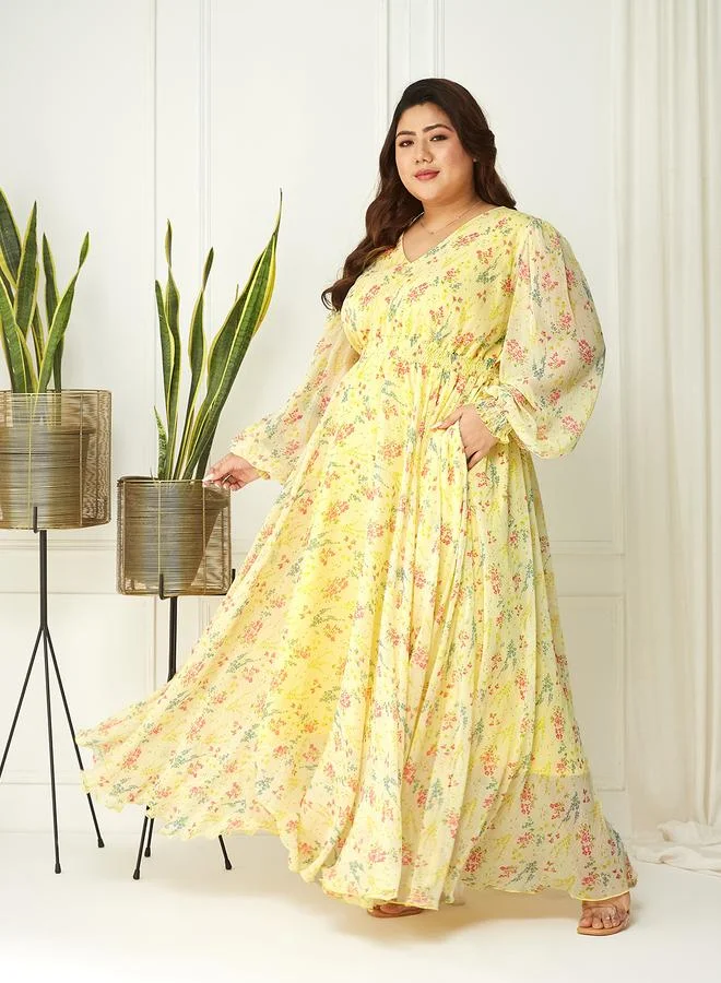 مس تشايس Miss Chase Plus Size Yellow Floral Print Maxi Dress
