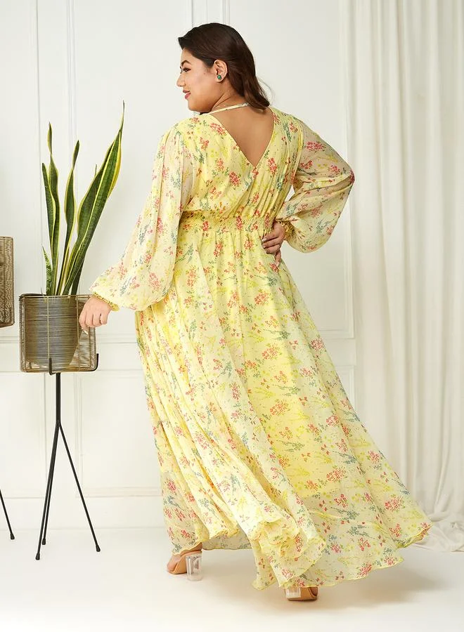 مس تشايس Miss Chase Plus Size Yellow Floral Print Maxi Dress