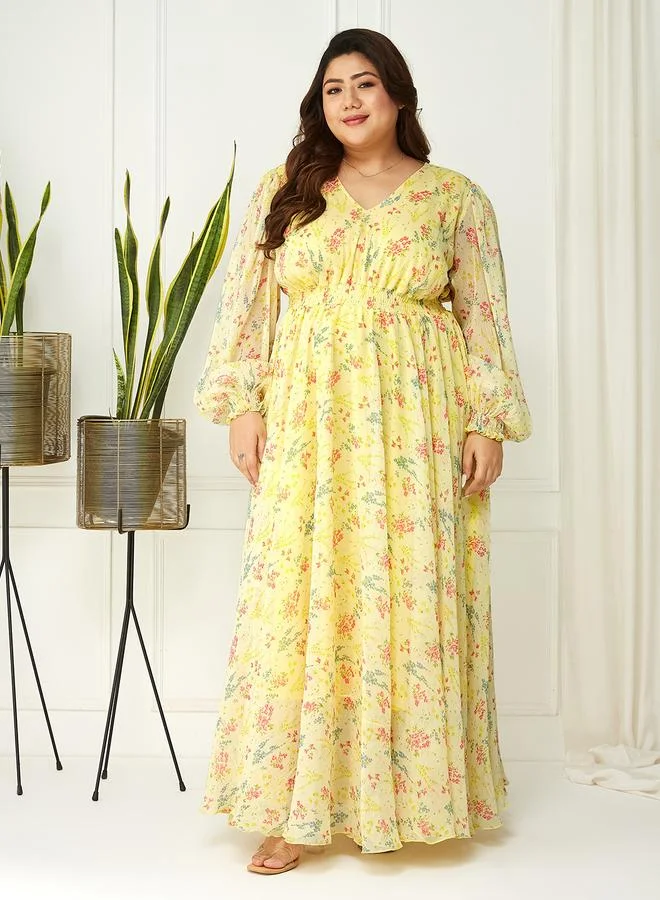 مس تشايس Miss Chase Plus Size Yellow Floral Print Maxi Dress