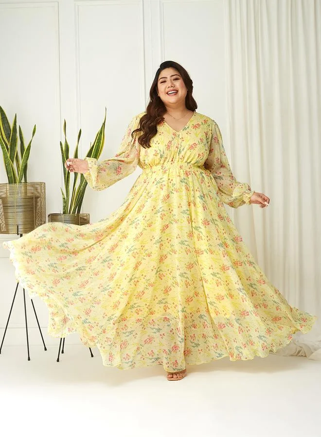 Miss Chase Plus Size Yellow Floral Print Maxi Dress
