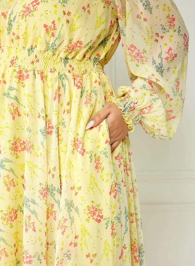 Miss Chase Plus Size Yellow Floral Print Maxi Dress