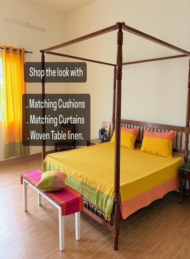 RANGBHAR Handloom Premium Bedsheet King Size | 100% Cotton Bed Sheet with 2 Pillow Covers | Hand Woven, Striped Bed Cover | 250 GSM Premium Heavy Bedspread | King Size 100 x 98 inch | Yellow - Image 3