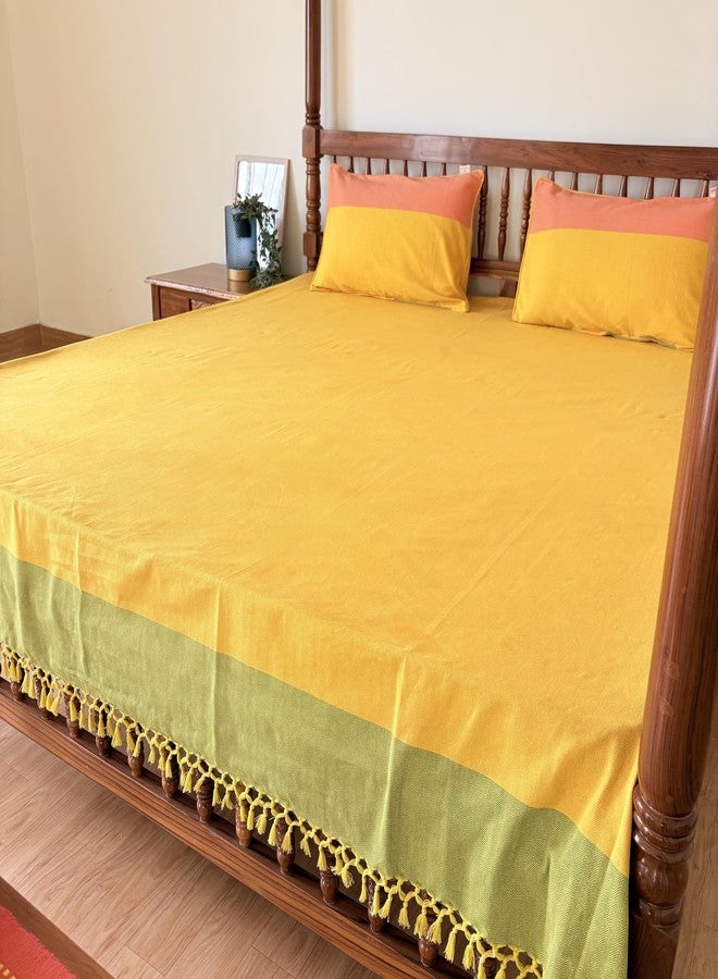 RANGBHAR Handloom Premium Bedsheet King Size | 100% Cotton Bed Sheet with 2 Pillow Covers | Hand Woven, Striped Bed Cover | 250 GSM Premium Heavy Bedspread | King Size 100 x 98 inch | Yellow - Image 1