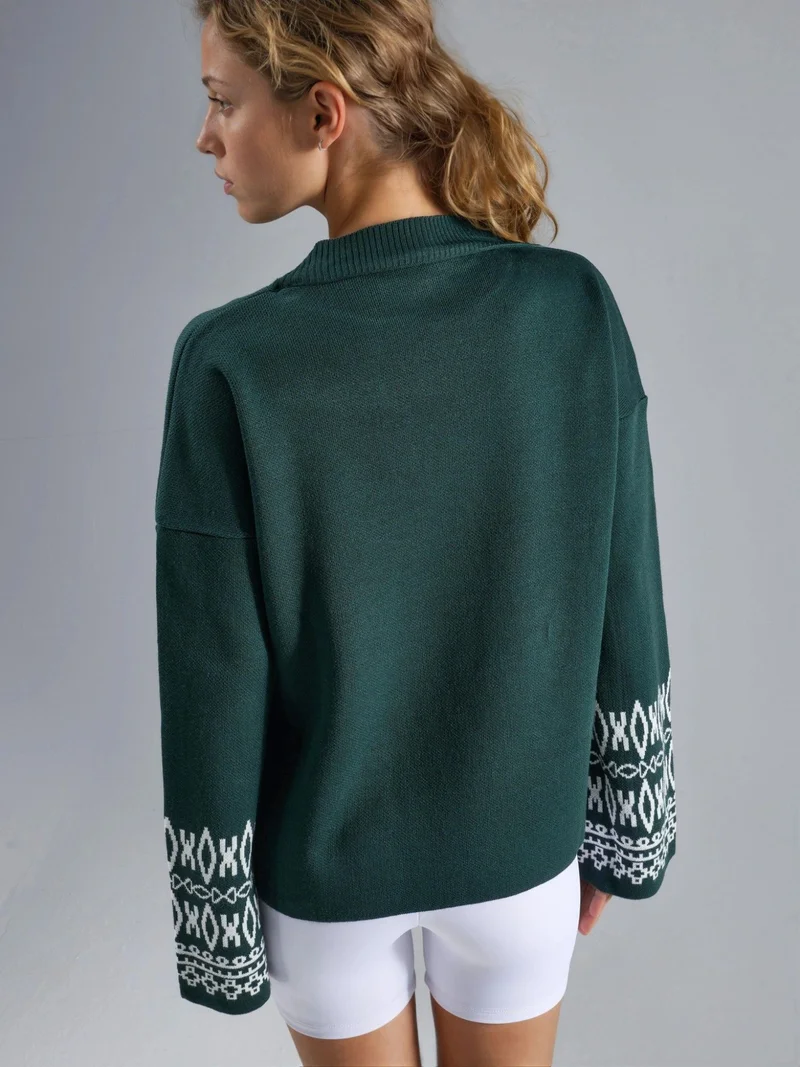 MY FASHION Emerald Green MY FASHION Crew Neck Jacquard Knit Sweater for Women | Best Price UAE