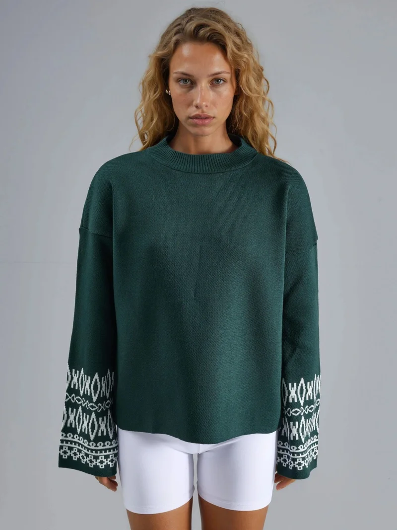 MY FASHION Emerald Green MY FASHION Crew Neck Jacquard Knit Sweater for Women | Best Price UAE