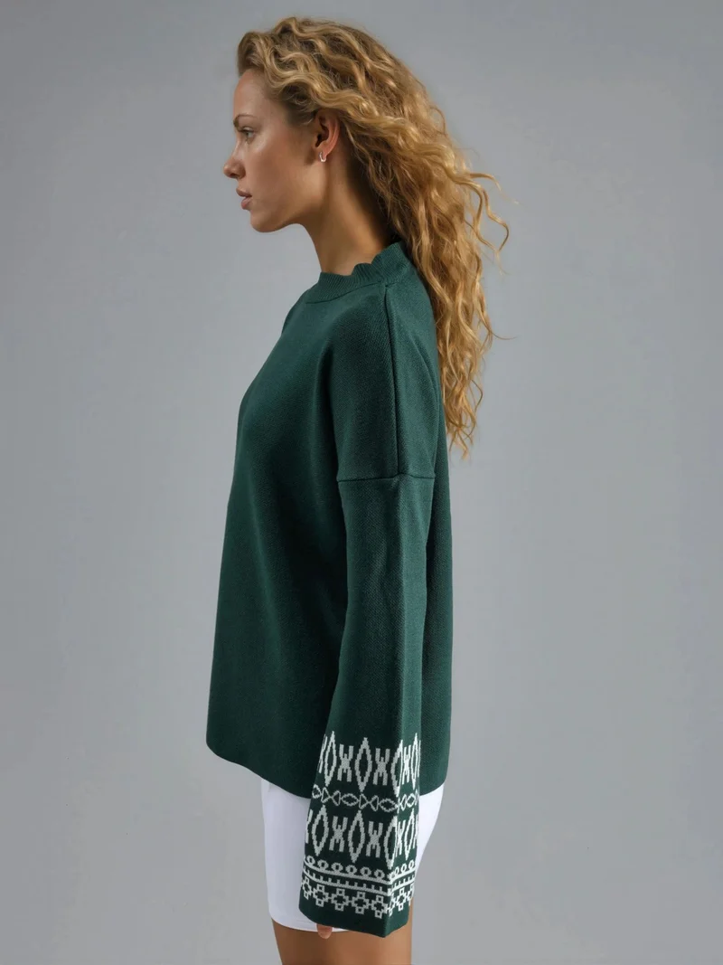 MY FASHION Emerald Green MY FASHION Crew Neck Jacquard Knit Sweater for Women | Best Price UAE