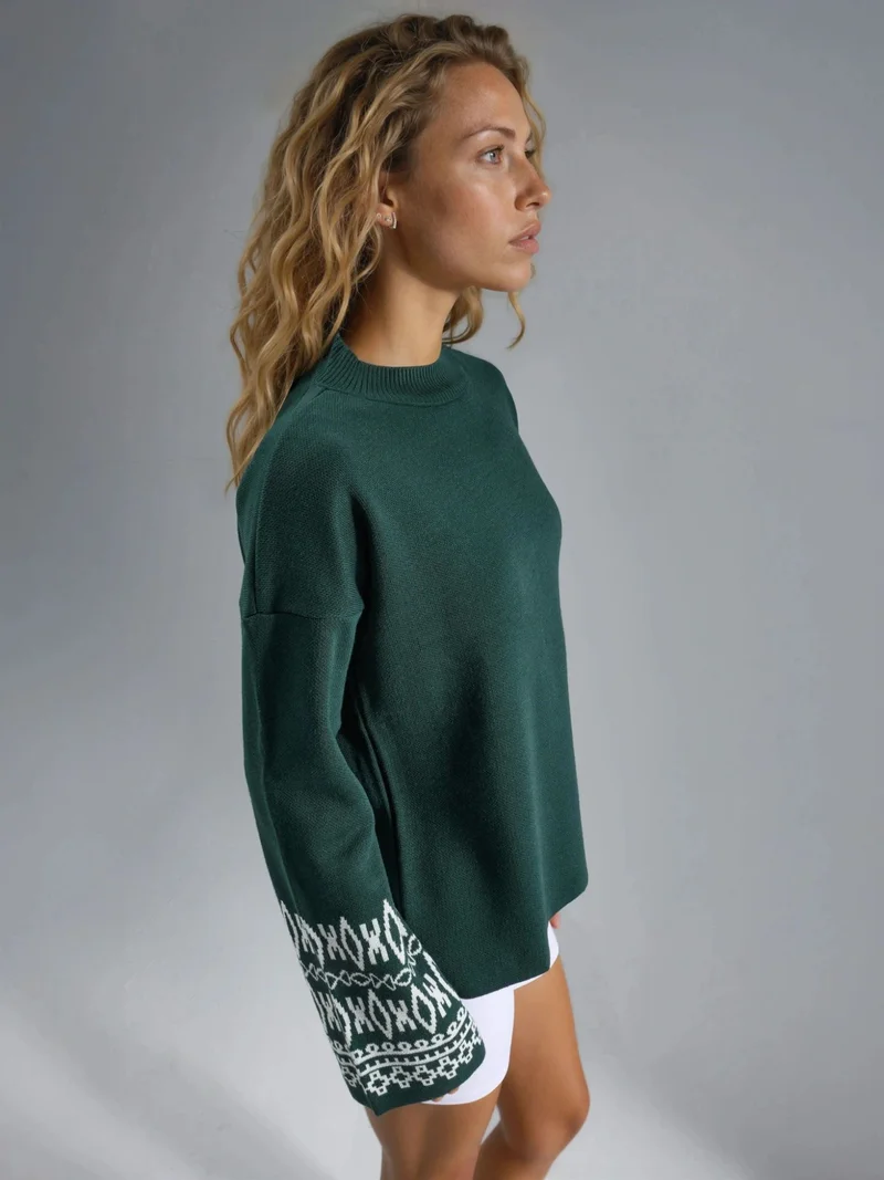 MY FASHION Emerald Green MY FASHION Crew Neck Jacquard Knit Sweater for Women | Best Price UAE