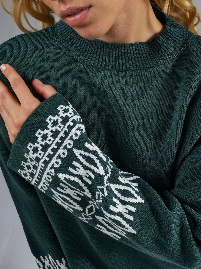 MY FASHION Emerald Green MY FASHION Crew Neck Jacquard Knit Sweater for Women | Best Price UAE