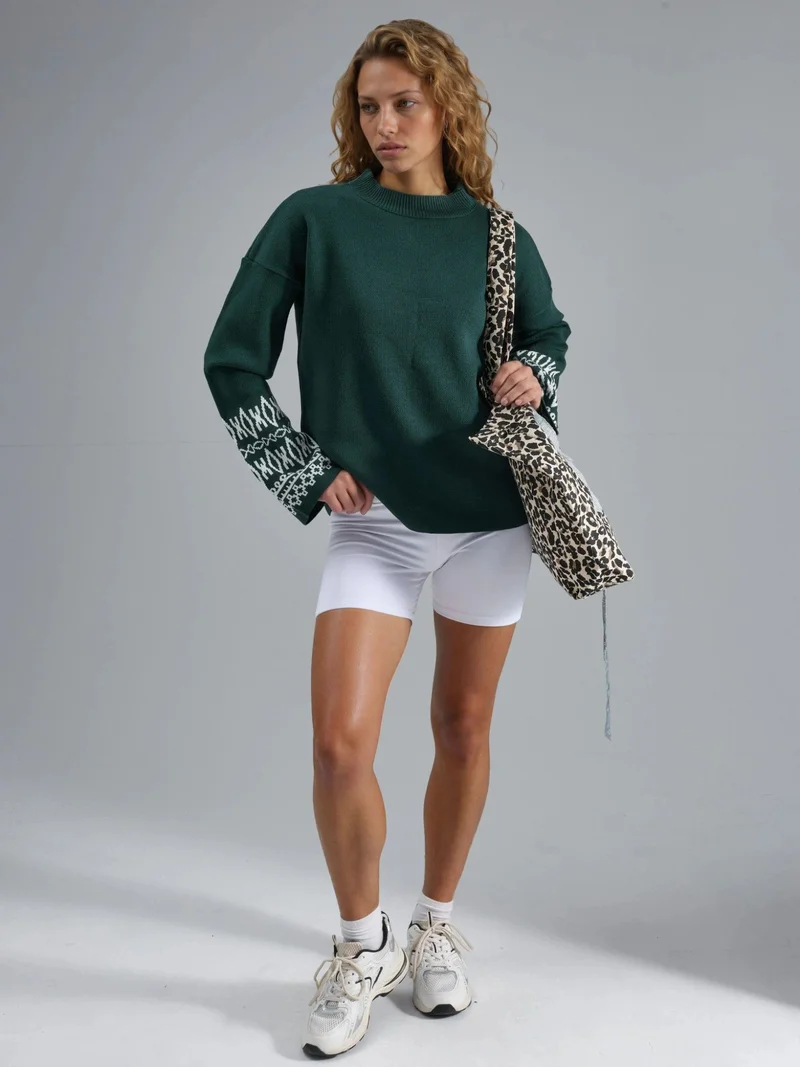 MY FASHION Emerald Green MY FASHION Crew Neck Jacquard Knit Sweater for Women | Best Price UAE