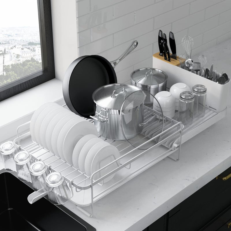 Kitsure Large Dish Drying Rack  Extendable Dish Rack Multifunctional Dish Rack for Kitchen Counter AntiRust Dish Drainers with Cutlery  Cup Holders 192267 L x 129 W White