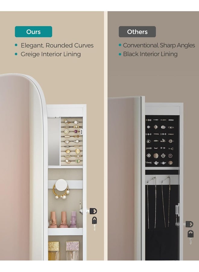 سونمجز خزانة مجوهرات بمرآة LED من SONGMICS مع مساحة تخزين، تُثبت على الحائط أو الباب، خزانة مرآة دائرية عريضة قابلة للقفل، مع مرآة داخلية، 10 × 42 × 108 سم، سطح أبيض مع بطانة رمادية بيج. - Image 4