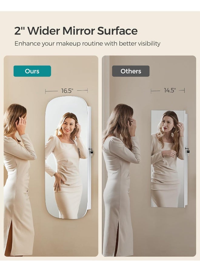 سونمجز خزانة مجوهرات بمرآة LED من SONGMICS مع مساحة تخزين، تُثبت على الحائط أو الباب، خزانة مرآة دائرية عريضة قابلة للقفل، مع مرآة داخلية، 10 × 42 × 108 سم، سطح أبيض مع بطانة رمادية بيج. - Image 5