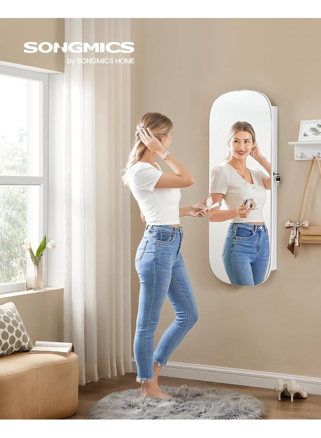 سونمجز خزانة مجوهرات بمرآة LED من SONGMICS مع مساحة تخزين، تُثبت على الحائط أو الباب، خزانة مرآة دائرية عريضة قابلة للقفل، مع مرآة داخلية، 10 × 42 × 108 سم، سطح أبيض مع بطانة رمادية بيج. - Image 2