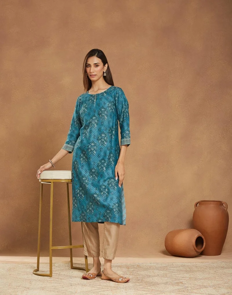Fabindia Blue Cotton Silk Hand Block Printed Long Kurta