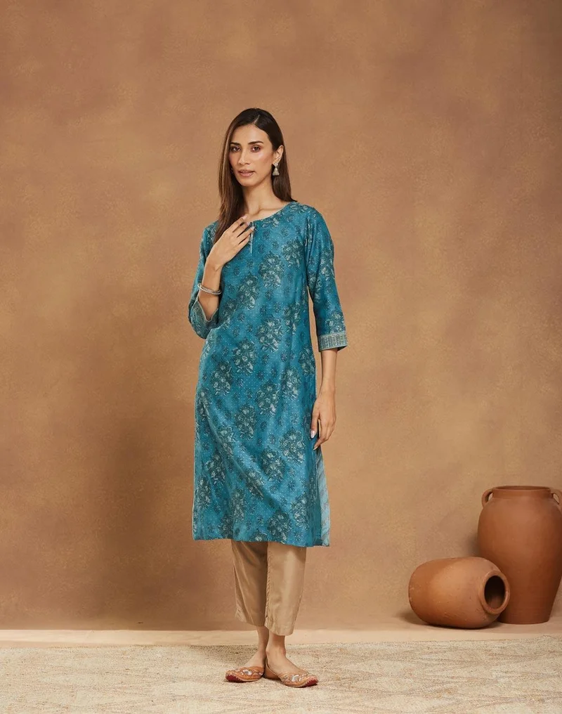 Fabindia Blue Cotton Silk Hand Block Printed Long Kurta