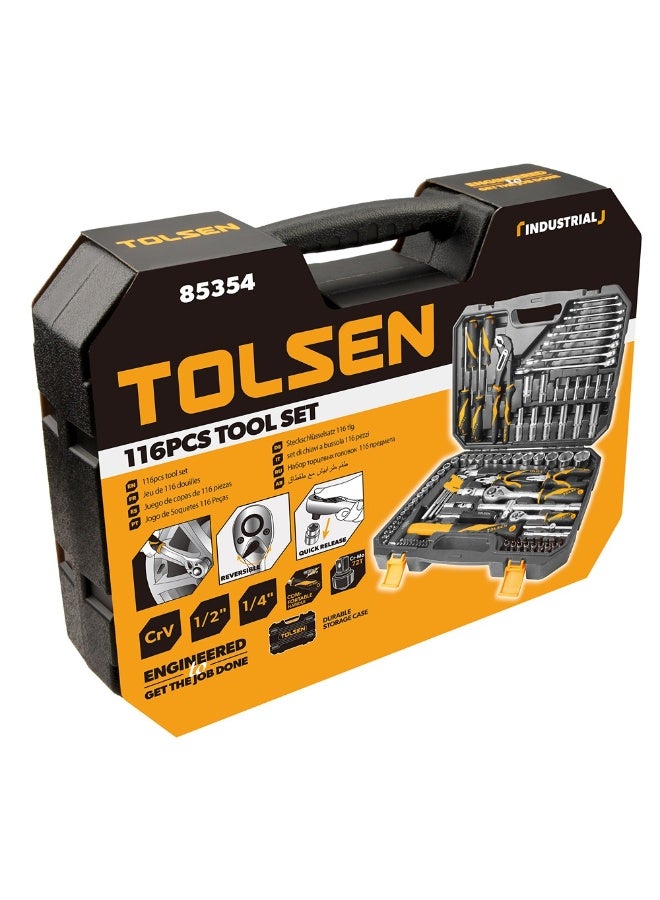 TOLSEN طقم أدوات تولسن 85354 116 قطعة - مجموعة أدوات ميكانيكية احترافية مع مفاتيح ربط 1/2" و 1/4"، ومآخذ، ومفاتيح، وزرديات، ومفكات في صندوق بلاستيكي - Image 2