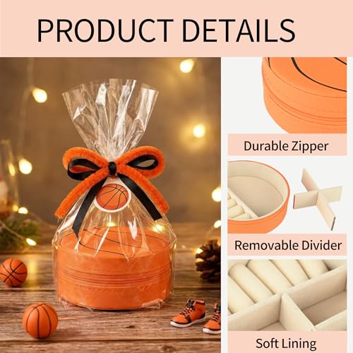 Mindoub 12-Pack Basketball Jewelry Box Bulk Team Gifts for Girls, Orange Round Mini Travel Jewelry Case Organizer for Basketball Players Coaches, Senior Night Tournament Gifting - Image 4