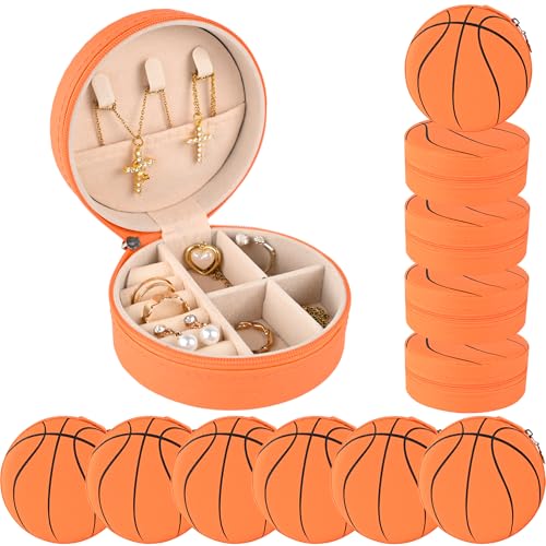 Mindoub 12-Pack Basketball Jewelry Box Bulk Team Gifts for Girls, Orange Round Mini Travel Jewelry Case Organizer for Basketball Players Coaches, Senior Night Tournament Gifting - Image 1