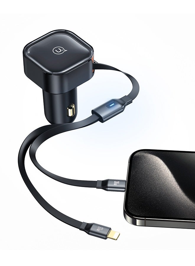Usams Car Charger 30W Fast Charging Retractable Type-C and Lightning Cable Quick Mobile Phone Charger for iPhone 14/14Pro Max/13/12/11 Series Samsung , Huawei, Xiaomi and many more Black - Image 1
