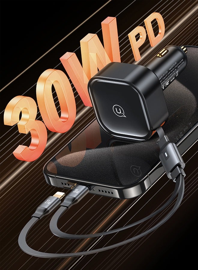 Usams Car Charger 30W Fast Charging Retractable Type-C and Lightning Cable Quick Mobile Phone Charger for iPhone 14/14Pro Max/13/12/11 Series Samsung , Huawei, Xiaomi and many more Black - Image 2