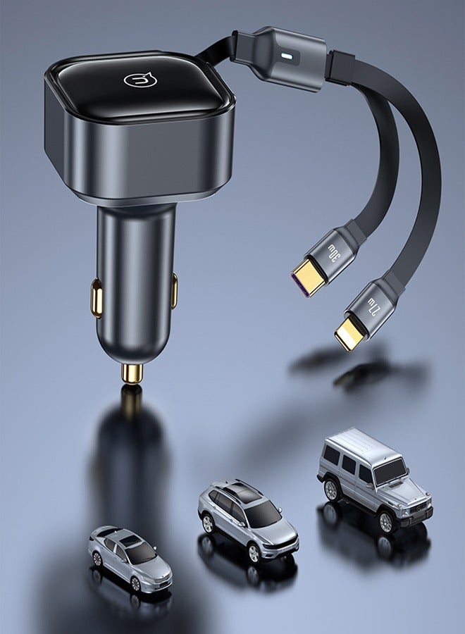 Usams Car Charger 30W Fast Charging Retractable Type-C and Lightning Cable Quick Mobile Phone Charger for iPhone 14/14Pro Max/13/12/11 Series Samsung , Huawei, Xiaomi and many more Black - Image 4