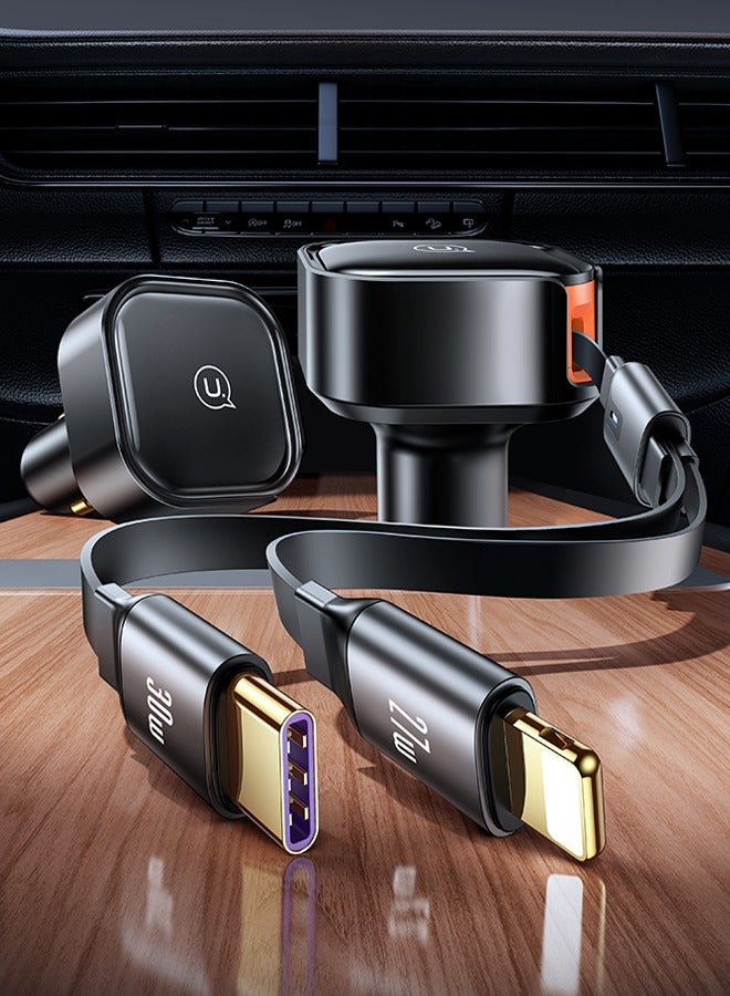 Usams Car Charger 30W Fast Charging Retractable Type-C and Lightning Cable Quick Mobile Phone Charger for iPhone 14/14Pro Max/13/12/11 Series Samsung , Huawei, Xiaomi and many more Black - Image 5