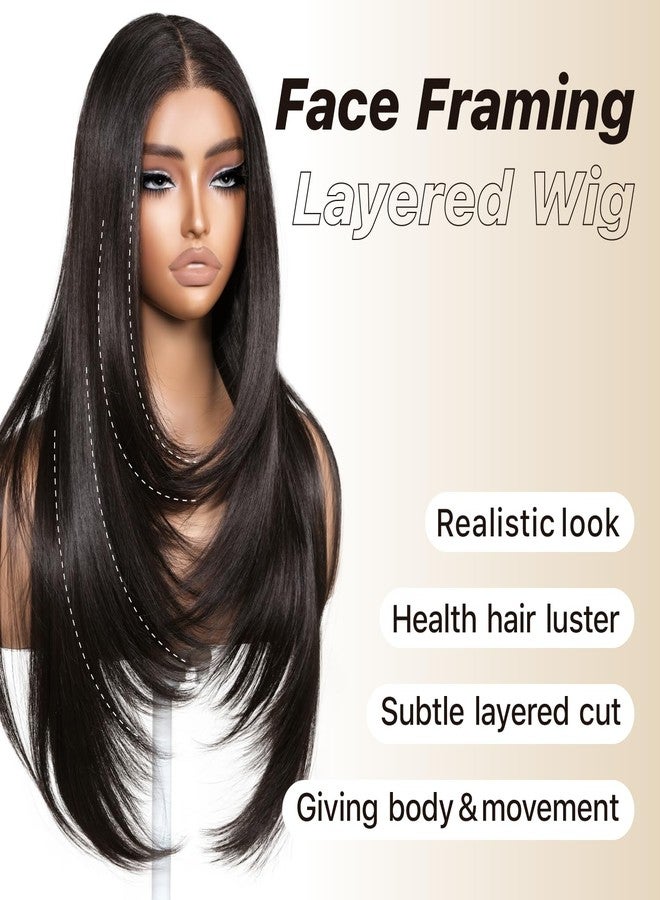 BrownBomb Dark Brown Brunette Wig Espresso Face Framing Layered Wig with Bangs Pre-Cut Pre-Plucked Hairline Pre-Colored Pre-Styled Synthetic Lace Wig Ready to Wear 26inch Wig for Beginners - Image 2