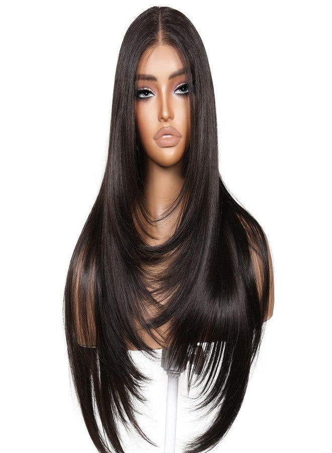BrownBomb Dark Brown Brunette Wig Espresso Face Framing Layered Wig with Bangs Pre-Cut Pre-Plucked Hairline Pre-Colored Pre-Styled Synthetic Lace Wig Ready to Wear 26inch Wig for Beginners - Image 1