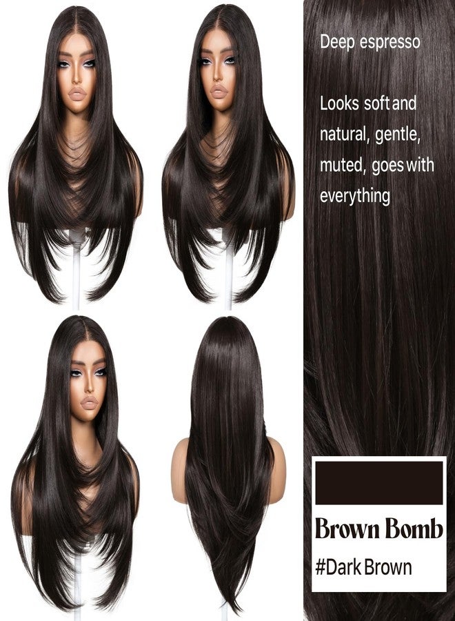 BrownBomb Dark Brown Brunette Wig Espresso Face Framing Layered Wig with Bangs Pre-Cut Pre-Plucked Hairline Pre-Colored Pre-Styled Synthetic Lace Wig Ready to Wear 26inch Wig for Beginners - Image 4