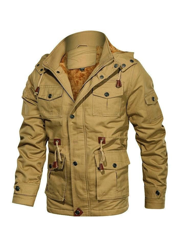 Loquat Men's Trench Cloose Standing Collar Hooded Jacket Khaki  - Image 1