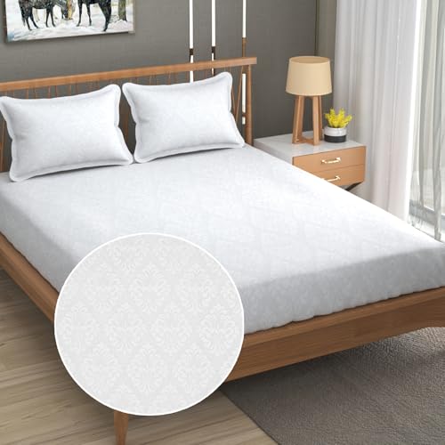 FRESH FROM LOOM Microfiber Wrinkle Resistant|Soft Skin Safe|Breathable King Size Flat Geometric Bedsheets|Hotel&Home|Double Bedsheet Set with 2 Pillow Covers(95X90 Inches White|Damas Design),144 TC - Image 1