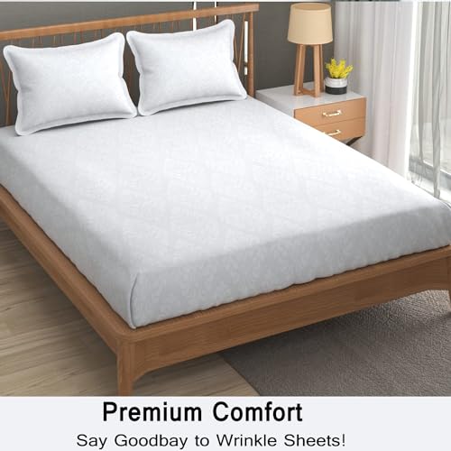 FRESH FROM LOOM Microfiber Wrinkle Resistant|Soft Skin Safe|Breathable King Size Flat Geometric Bedsheets|Hotel&Home|Double Bedsheet Set with 2 Pillow Covers(95X90 Inches White|Damas Design),144 TC - Image 2