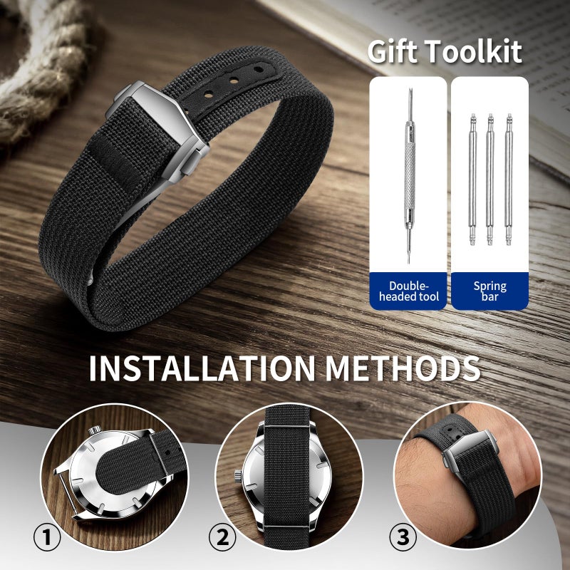 ULLCHRO Nylon Watch Strap 20mm 22mm Nylon Watch Band Replacement Single Pass Strap Breathable Military Watch Bands for Men Soft Elastic Watch Straps (20mm, Black) - Image 5