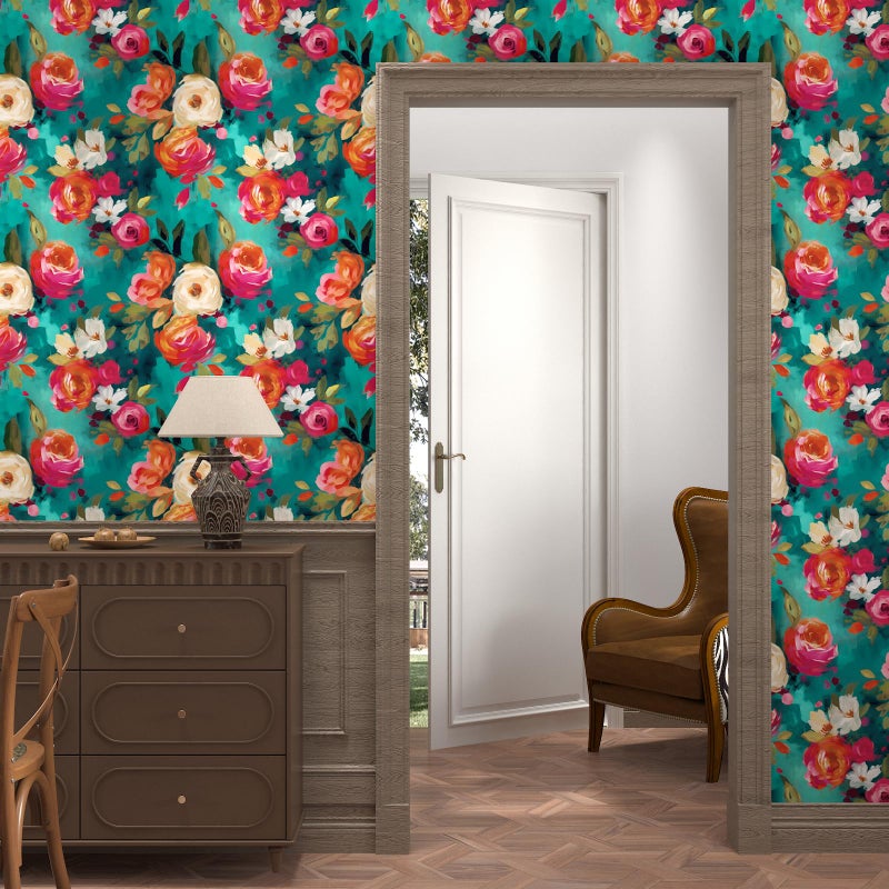 BOKEBEVE Extra Long Vibrant Wallpapers Watercolour Floral Peel and Stick Wallpaper Boho Contact Paper for Counter Cabinet Shelf Renter Friendly Oil Painting Colorful 17.5 x 393.5In - Image 3