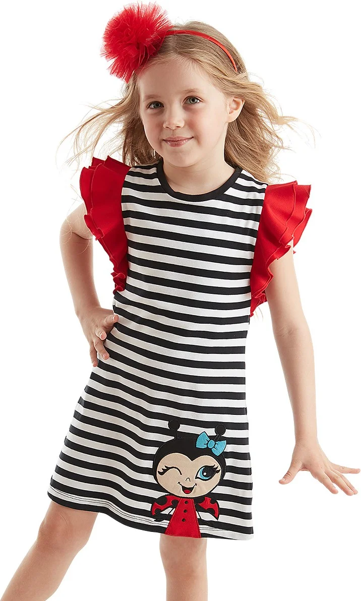 Denokids Striped Ruffle Sleeve Dress