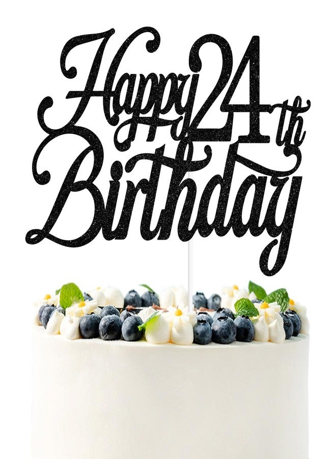 PYBHILK Black Glitter Happy 24th Birthday Cake Topper, Cheers to 24 Years/Level 24 Unlocked/24 Years Loved & Blessed, Funny 24th Birthday Party Decorations Supplies - Image 1
